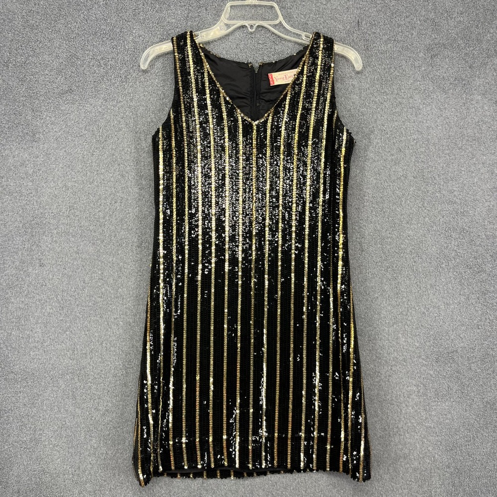 Vintage Bloomingdales Young East Sider Dress 1980s S Black Gold Sequin Stripe